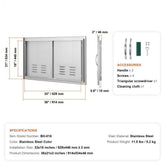 BBQ Access Door, 36W x 21H Inch Double Outdoor Kitchen Door, Stainless Steel Flush Mount Door, Wall Vertical Door with Handles and Vents, for BBQ Island, Grilling Station, Outside Cabinet